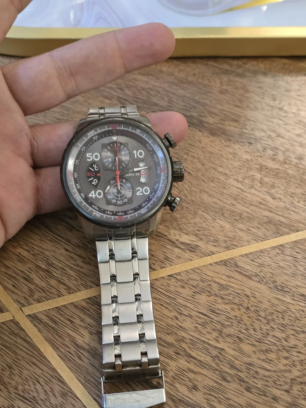 Invicta Men’s Black Chronograph Stainless Steel Watch Crown Damaged